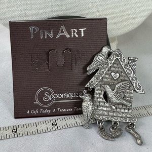 Vintage Spoontiques birdhouse pin pewter